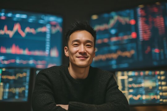Confident Young Trader Analyzing Financial Data in a Modern Office Space