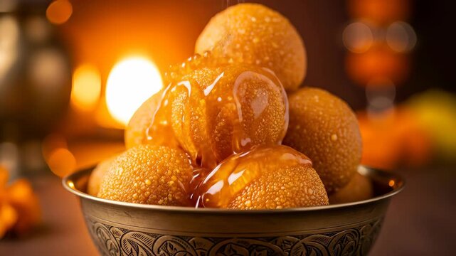 Delicious besan ladoo a classic indian sweet richly drizzled with golden syrup perfect for the joyous vijaya dashami festival