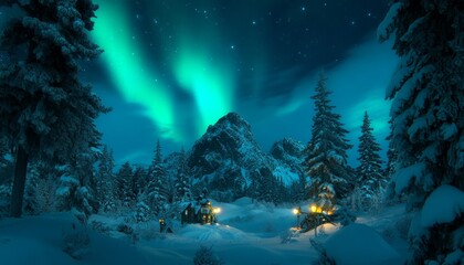 Breathtaking view of the aurora borealis illuminating the snowy landscape and frosty trees at night.