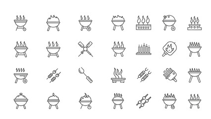 Barbecue Icons Set | Thin Line Editable Stroke Symbol Collection for Grill, BBQ, and Outdoor Cooking