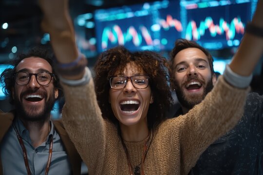 Excited Team Celebrating Success in Modern Office with Financial Displays