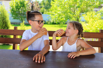 two children savoring ice cream cones while enjoying a sunny day outdoors