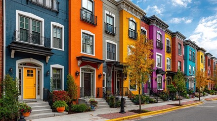 Obraz premium Stunning vibrant row houses create an energetic neighborhood with colorful fall foliage and blue sky, perfect for real estate marketing or urban living inspiration
