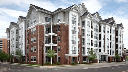 Explore this modern apartment complex with brick and siding exterior for upscale urban living or stylish rentals in a vibrant neighborhood, perfect for real estate marketing