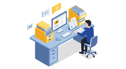 Obraz premium Isometric office workspace with desktop computer and documents