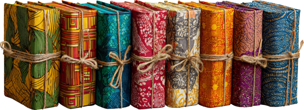 Wrapped in Stories: A colorful row of fabric-bound journals tied with rustic twine for a touch of old-world charm.