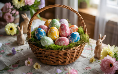 Beautiful easter basket filled with colorful decorated eggs sitting on a table with spring flowers and bunny decorations