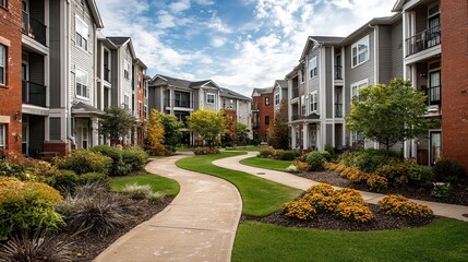 Inviting community courtyard with winding pathway, landscaping, and stylish apartments creates a serene and upscale residential living experience, perfect for brochures