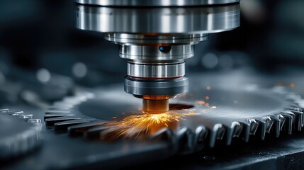 Precision metalworking machine cuts gears, sparks fly