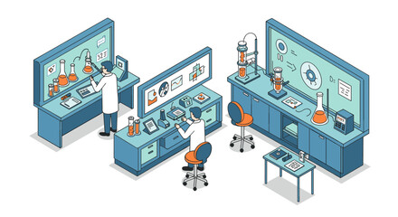 Isometric laboratory setup with scientists and equipment in modern workspace