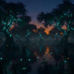 Fototapeta premium Dreamlike magical bayou with glowing teal trees, Spanish moss, and ethereal lights floating on the water at dusk
