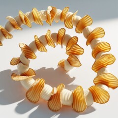 Whirlwind of Flavor: A creative spiral of golden, rippled chips, artistically arranged. Highlighting the texture and tempting appeal of this common snack.