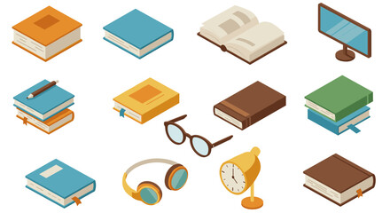 Isometric book and study essentials with desk accessories and technology elements