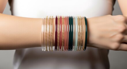 Elegant stack of colorful bangles with gold accents on a woman's arm, perfect for fashion and lifestyle.