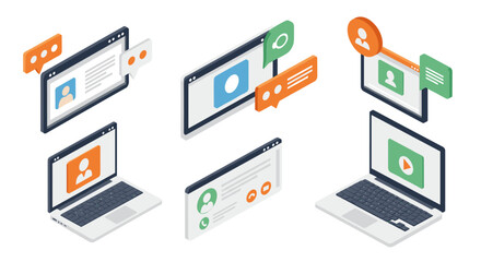 Isometric laptop displaying digital communication interfaces and video calls