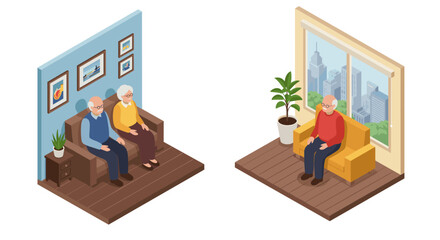 Fototapeta premium Cozy isometric living room scenes with elderly couple and city view