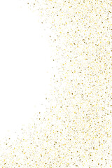 Golden glittering dust particles on white background. Shining falling lights of golden dust. Abstract luxury golden confetti border.