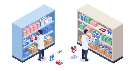 Isometric pharmacy scene with pharmacists organizing medication shelves