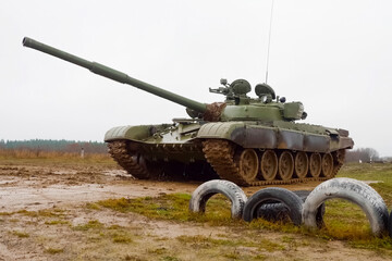 T-72 tank testing at proving ground overall view with hull and turret details.