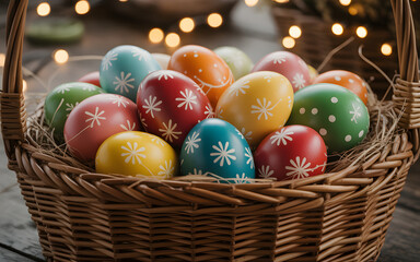 Abundant ultra realistic easter basket overflowing with vibrantly colored and decorated eggs illuminated by soft bokeh lights