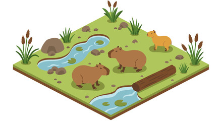 Fototapeta premium Isometric capybara habitat with stream rocks and plants