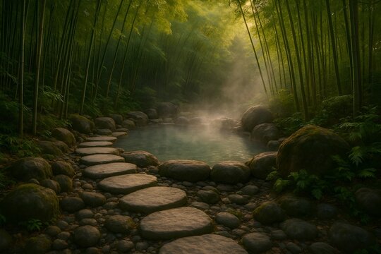 Tranquil zen hot spring spa in bamboo forest with stone pathway, mist rising from warm waters, golden sunlight filtering through leaves, serene nature landscape for relaxation and wellness.