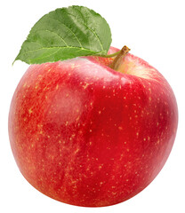 Fresh Red Apple with Green Leaf, Isolated on White with Clipping Path PNG File.