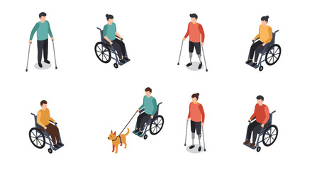 Diverse isometric people with disabilities engaged in daily activities on white background