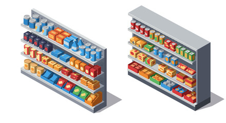 Isometric supermarket shelves with various packaged products
