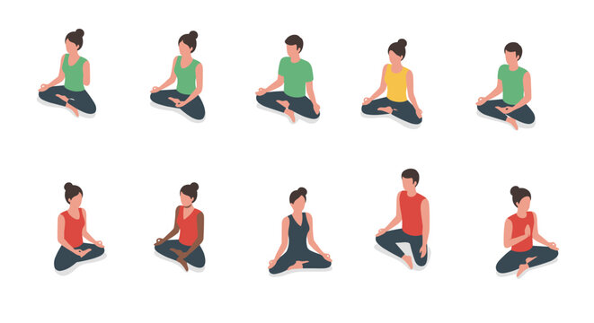 Diverse people meditating in various poses on a clean white background - Powered by Adobe