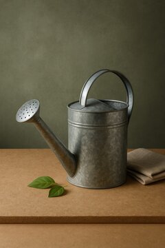 A vintage watering can on a wooden table with a green backdrop and some leaves, evoking a sense of nostalgia and gardening.