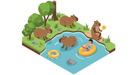 Isometric capybara habitat with kayaking adventure in a natural setting