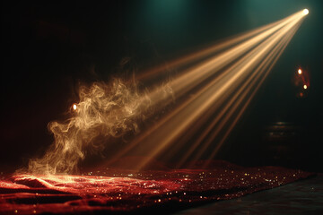 Dramatic stage spotlight shining through smoke and golden particles over red textured fabric, cinematic abstract background for theater, luxury, and artistic design