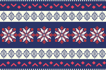 A seamless geometric pattern featuring bold red, navy blue, and white tones arranged in a symmetrical design. The artwork combines diamond shapes, triangles, and linear details that create a strong 