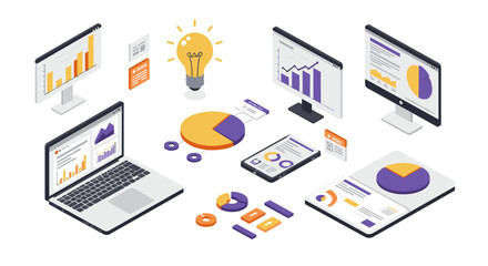 Isometric data analysis and business growth charts with digital devices