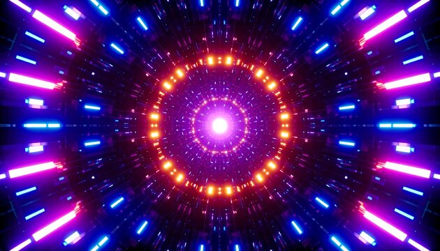 Neon tunnel, vibrant colors, glowing circles