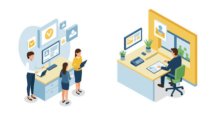 Isometric office collaboration and remote work scenes with team meeting and online communication