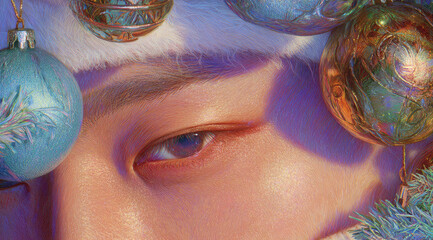 Naklejka premium Close up of human eye with festive makeup, surrounded by pastel blue and gold Christmas ornaments, soft lighting, holiday atmosphere, artistic and dreamy mood