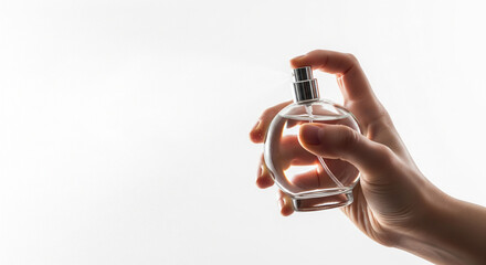 A person's hand gracefully applying a fine mist of elegant fragrance from a classic glass bottle, symbolizing freshness, personal care, and a delightful aroma in a clean studio setting