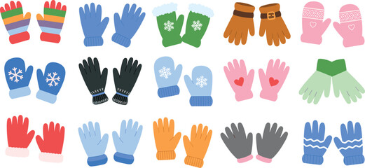 Winter gloves and mittens vector illustration, colorful handwear collection, warm knitted gloves, leather mittens, seasonal fashion accessories, cozy cold weather clothing design