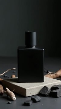 Black rectangular perfume bottle on concrete stand with wooden branches and dark stones. Men's fragrance for presentation footage.
