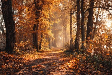 Obraz premium Sunlight shining through forest path in autumn wallpaper
