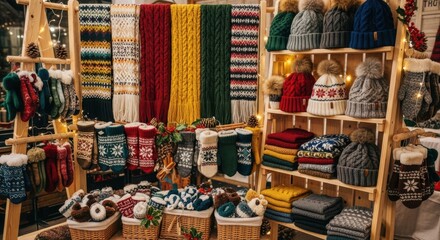 Cozy Winter Knitted Accessories Displayed at Market Stall