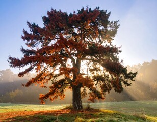 Autumn tree bathed in morning sun