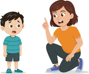 Mother scolding child, cartoon illustration of parent disciplining son, vector concept of parenting, teaching, childhood behavior, family relationship, communication, emotional expressions