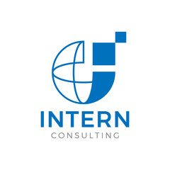 Modern geometric consulting logo with globe and letter I. Professional vector design for global business, corporate, and trade branding