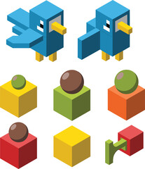 Isometric bird and geometric cube sphere illustration, colorful 3D vector design, abstract block shapes for kids learning, puzzle game elements