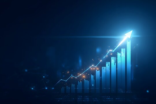 Blue background with glowing arrows growing upwards, illustration of an upward arrow chart for business growth and technology development concept on a blue background.
