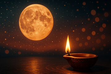 A close-up shot of a lit diya placed on a wooden surface with a large, glowing full moon in the background, signifying the festival of karwa chauth and karva chauth
