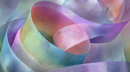 Pastel translucent ribbon, twisted and layered, creates dreamy, soft, and elegant abstract background with subtle texture and gentle color gradients for creative design